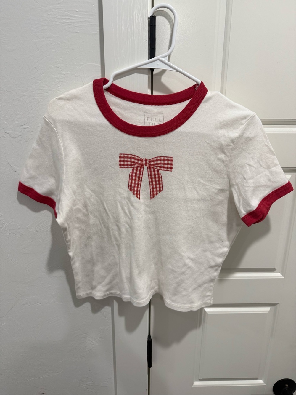 Full Tilt White Tee with Red Ringer Trim & Gingham Bow